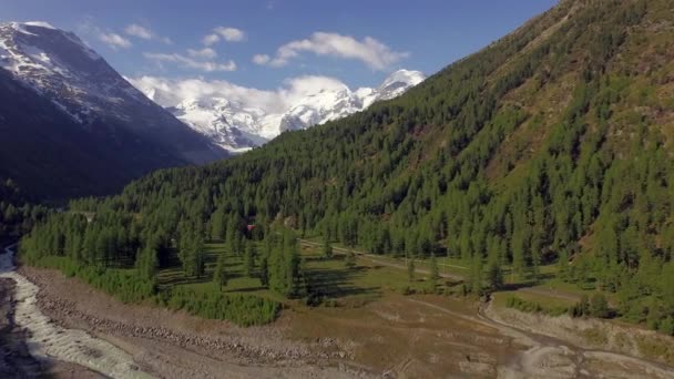 Pontresina Switzerland June 2015 Valley Leading Snowy Morteratsch Glacier 红色的Bernina特快列车在山谷的边缘运行 — 图库视频影像