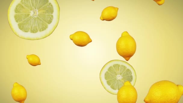 Citronové Kapky Padající Dolů Před Rozmazané Zelené Pozadí Obrazovky — Stock video