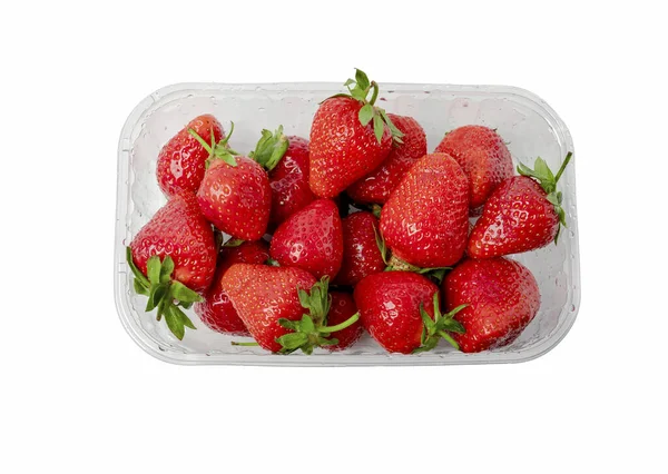 Heap Vivid Saturated Ripe Red Strawberries Laying Big Plastic Transparent — Stock Photo, Image