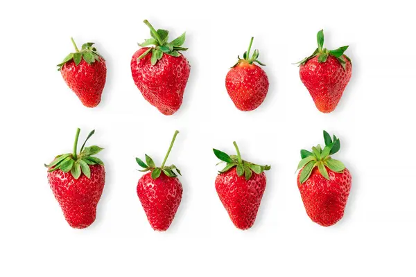 Acht Große Reife Rote Erdbeeren Liegen Auf Isoliertem Weißen Hintergrund — Stockfoto