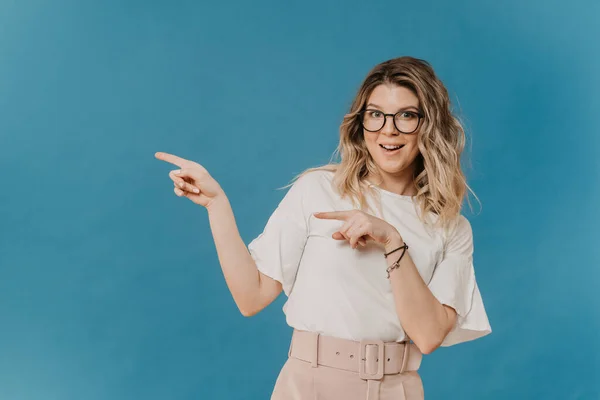 Curly Beautiful Blonde Wide Open Eyes Glasses Dressed White Blouse — Stock Photo, Image