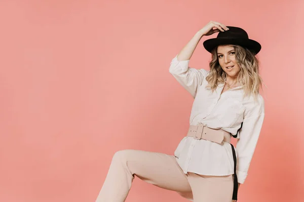 Cute Smiley Blonde Hat Brim White Blouse Light Pink Raising — Stock Photo, Image