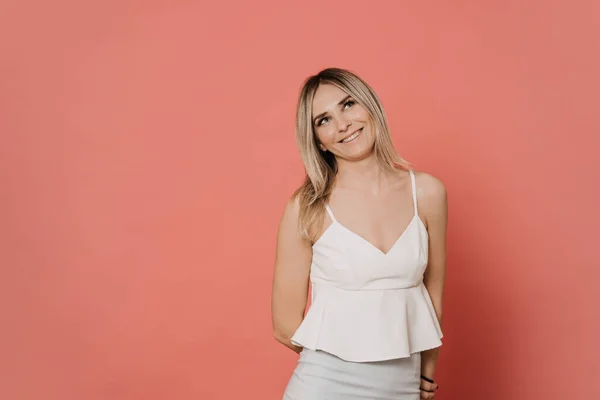 Young Blonde Woman White Blouse Smiling Looking Upward Dreamily Things — Stock Photo, Image