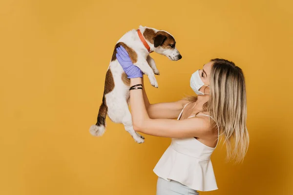 Cerrahi maskeli ve koruyucu eldivenli güzel bir sarışın, açık renk bluz ve etek giyiyor, köpeğini tutuyor ve ona bakıyor, karantina sırasında, koronavirüs salgını yüzünden. Covid-19 konsepti.