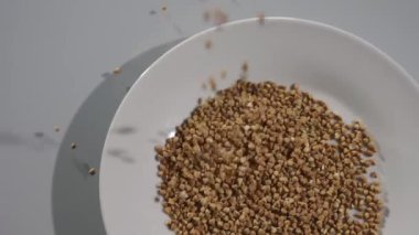 Karabuğday taneleri beyaz bir kaseye düşüyor. Üst Görünüm Yavaş Çekim.