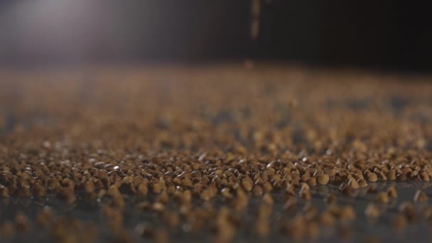 Il grano saraceno cade su un tavolo di vetro. Vista laterale al rallentatore. — Video Stock