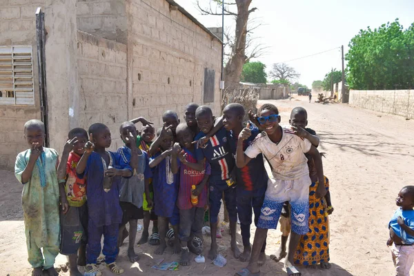 Bignona, Senegal, Afrika, Ocak 2020: Afrikalı çocuklar sanki hiç görmemişler gibi kameraya bakıyor ve bazı fotoğraflara poz veriyorlar.