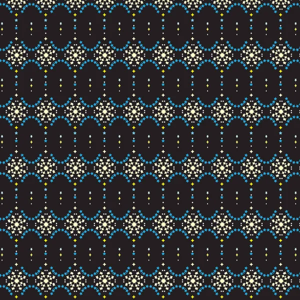 Forma de flor amarilla rayada con línea de elipse de estrella azul y círculo de estrella azul dentro del patrón fondo negro — Vector de stock