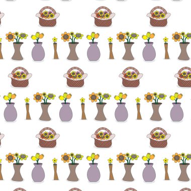 Mix çiçek stilleri farklı vazolar ve sepet çizgili desen arka plan