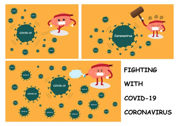 캐릭터 이미지 얼굴이 Coranavirus Covid 싸우는 — 스톡 벡터
