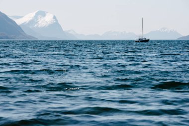 Idyllic manzara - küçük bir tekne Storfjorden, Norveç 'in sularında yüzüyor.