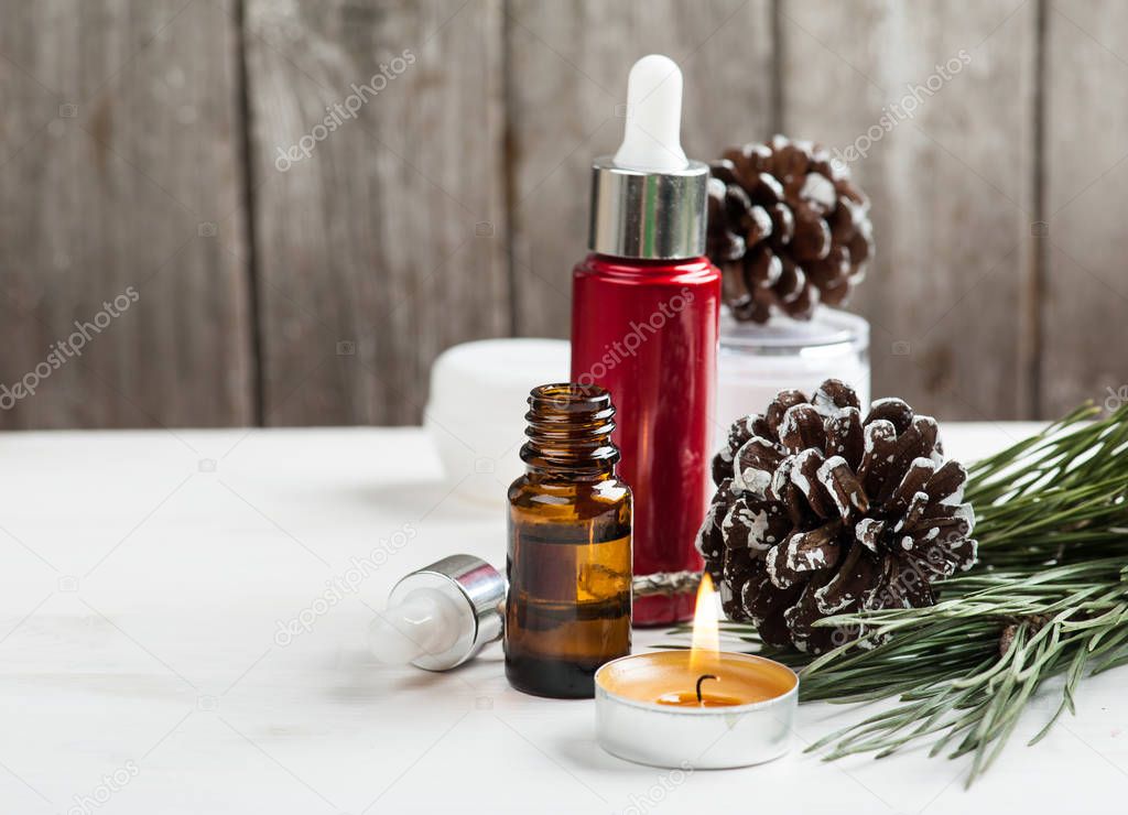 Beauty products and cosmetics with Christmas decoration 