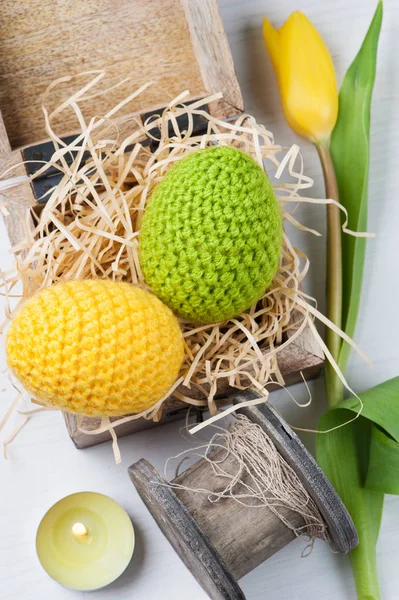 Green yellow crocheted easter eggs — Stock Photo, Image