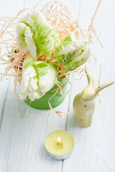 Tulipas verdes, coelho decorativo — Fotografia de Stock