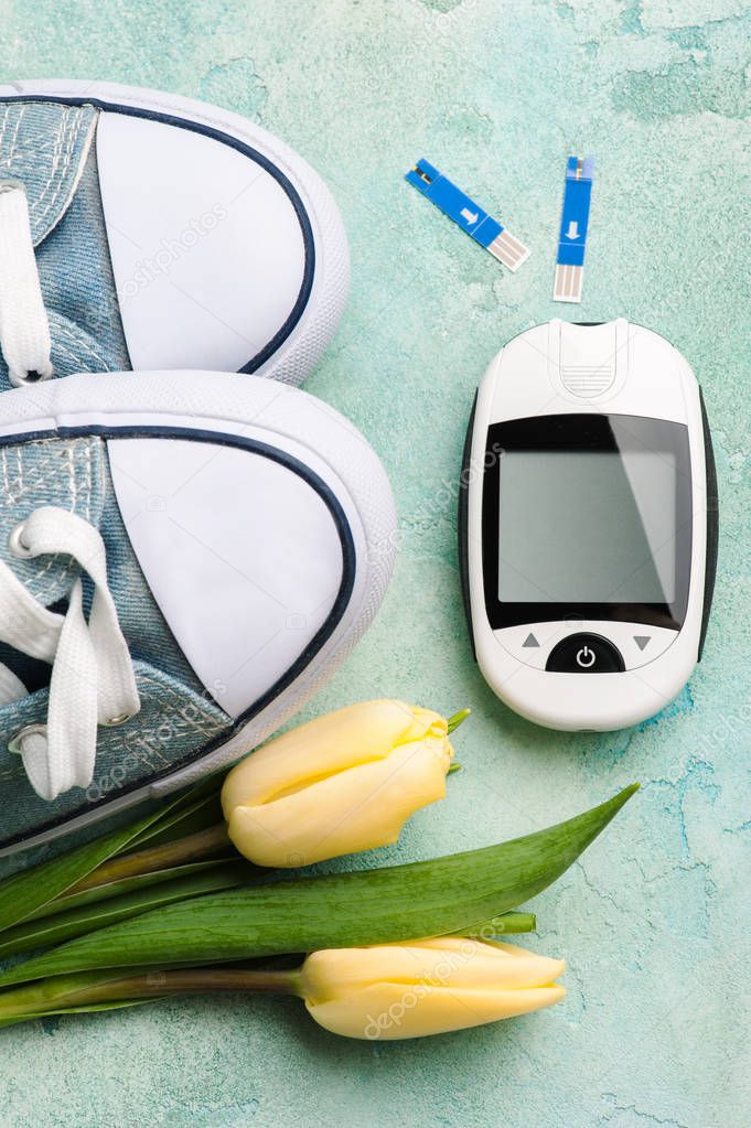 glucose meter, gumshoes and tulips