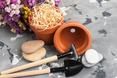 Bahçecilik aletleri ve kil terracotta saksılar 