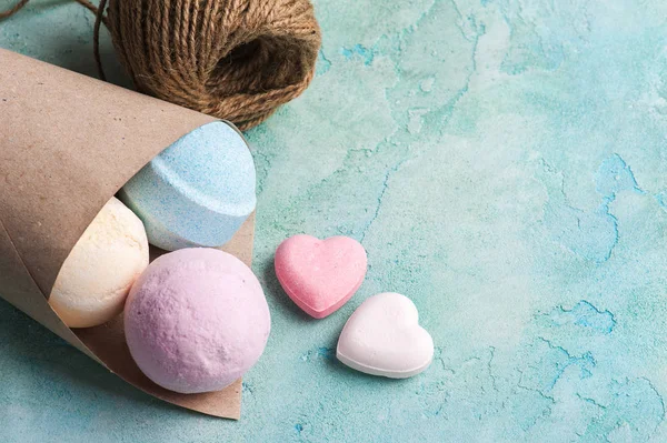 Blue, vanilla and strawberry bath bombs — Stock Photo, Image