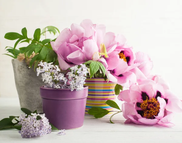 Pioenrozen en lila bloemen — Stockfoto