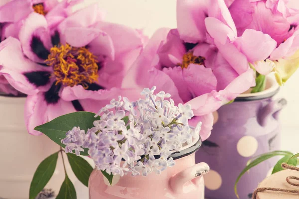 Pioner och lila blommor — Stockfoto