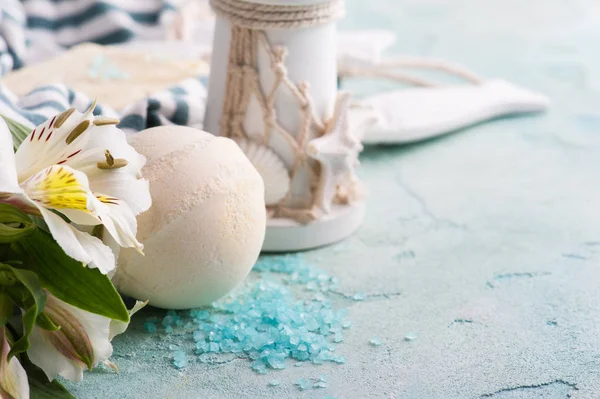 Bath bomb, soap and decorative lighthouse — Stock Photo, Image