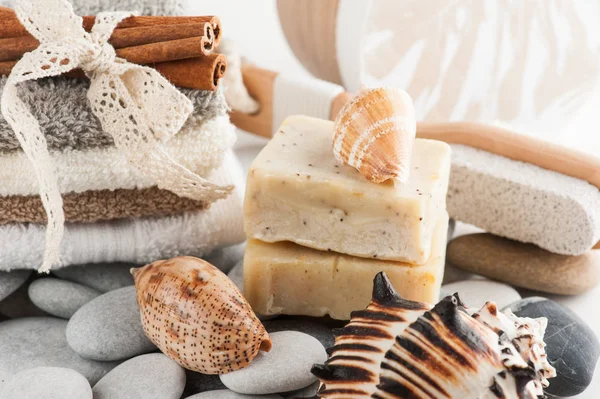 Spa composition with towels, soap — Stock Photo, Image