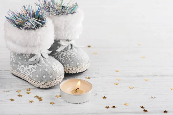 stock image Christmas decor with lit candle and golden stars