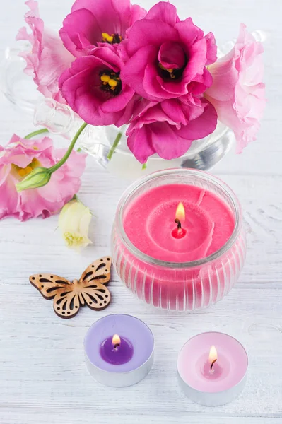 Pink red eustoma flowers and butterfly — Stock Photo, Image