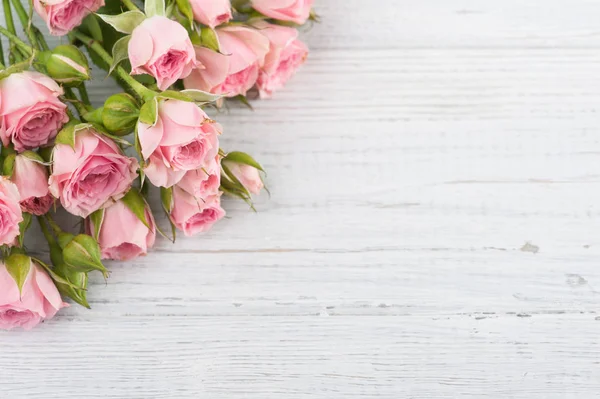 Rosas rosadas sobre fondo de madera blanco —  Fotos de Stock