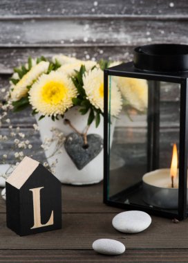 Mum ile beton tencerede sarı krizantem