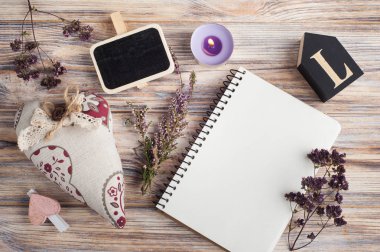 Textil heart, empty notebook 