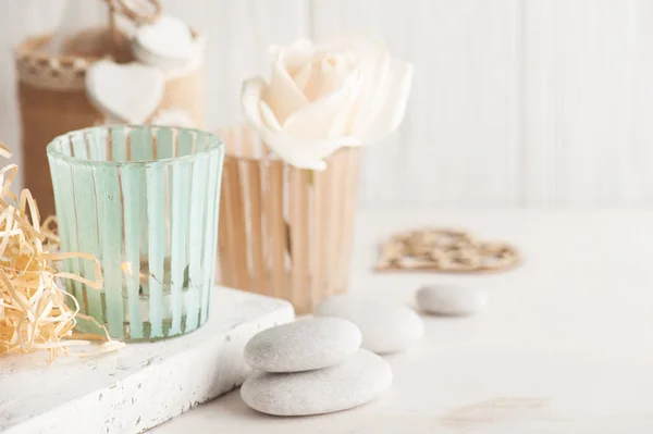 Meditation space, candles and pebbles — Stock Photo, Image