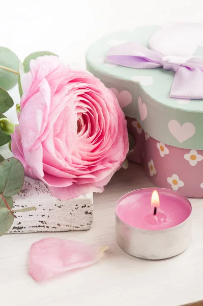 Fleur rose buttercup avec boîte cadeau — Photo