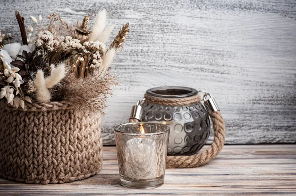 Scandinavian Interior Dry Flowers Lit Candles Minimalist Arrangement Copy Space — Stock Photo, Image