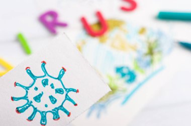 Coronavirus 'un çocuk çizimi. Arka planda toprak var. Virüs koruması ve başa çıkma kavramı