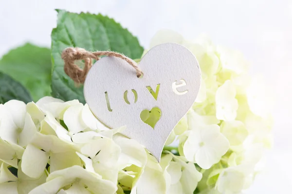 Witte Groene Hortensia Bloemen Met Houten Hart Kopieer Ruimte Voor — Stockfoto
