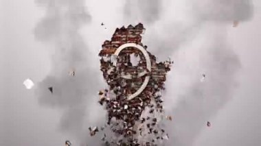 Wall Disruption Countdown videosu. 10 'dan 0' a bir zamanlayıcı. Rakamlar beyaz tuğla duvarın merkezini patlatır. Yıkım patlayıcısı çökme açıcı