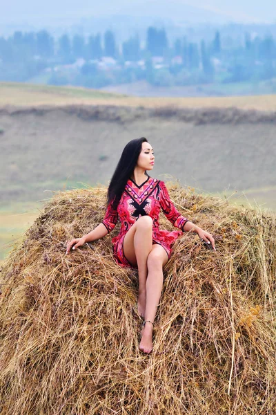 Bir model parlak kırmızı elbiseli bir saman üzerinde oturur — Stok fotoğraf