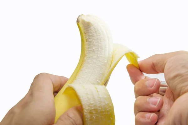 Sbucciato la banana su sfondo bianco — Foto Stock