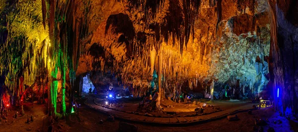 Panorama Stalactite stalactites with color lighting — Stock Photo, Image