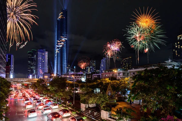 Vista Alta Cidade Com Fogos Artifício — Fotografia de Stock