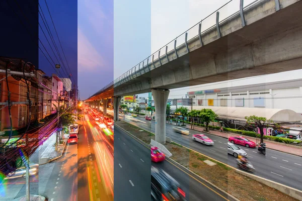 在不同的时间 在一个框架中的城市和模糊交通灯的高观 — 图库照片