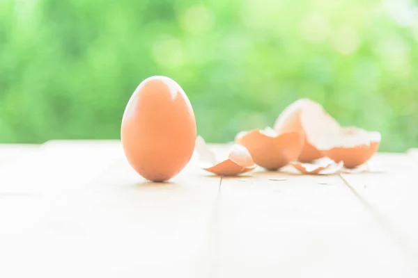 板の上に壊れた卵の殻を持つ卵 — ストック写真
