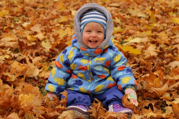 Sonbahar Park yeşillik üzerinde oturan boy gülümseyerek