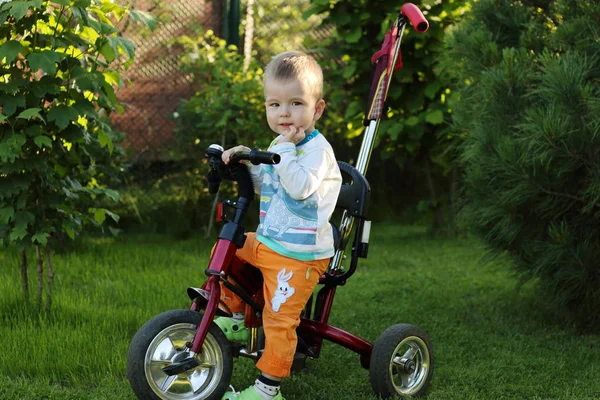 Мальчик на велосипеде в саду — стоковое фото