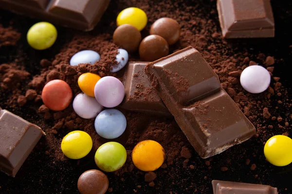 Ounces Chocolate Skittles Mixed Cocoa Powder Background — Stock Photo, Image