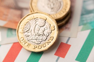 Arka planda 10 sterlin banknot olan bir sterlin.