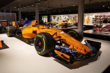 Fernando Alonso Müzesi, Llaneras, İspanya - 18 Nisan 2019. McLaren MCL33 2018 sezonunda Fernando Alonso tarafından kullanıldı....