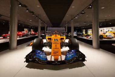 Fernando Alonso Müzesi, Llaneras, İspanya - 18 Nisan 2019. McLaren MCL33 2018 sezonunda Fernando Alonso tarafından kullanıldı....