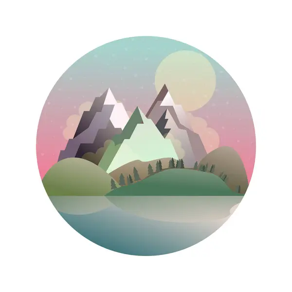 Vector mountains, lake, forest landscape