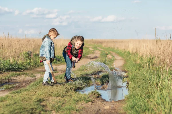 İki kardeş yağmur sonrası tarlada su birikintisini keşfediyorlar. Çocuklar büyük çubukları ellerinde tutarlar. Çocuk büyük su sıçramalarına neden olan bir sopayla havuza çarptı. Yakınlarda küçük bir çocuk var..